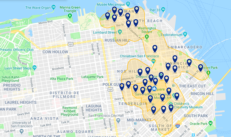 Mapa dos melhores hotéis de Union Square em San Francisco