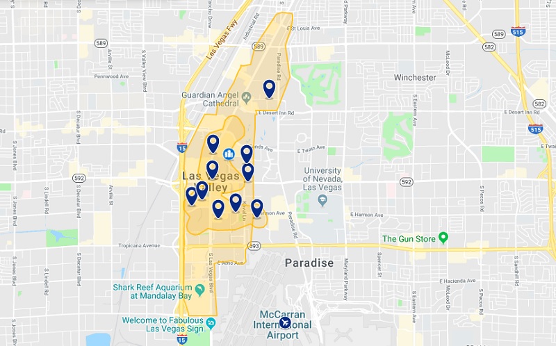 Mapa dos melhores hotéis na avenida Strip em Las Vegas