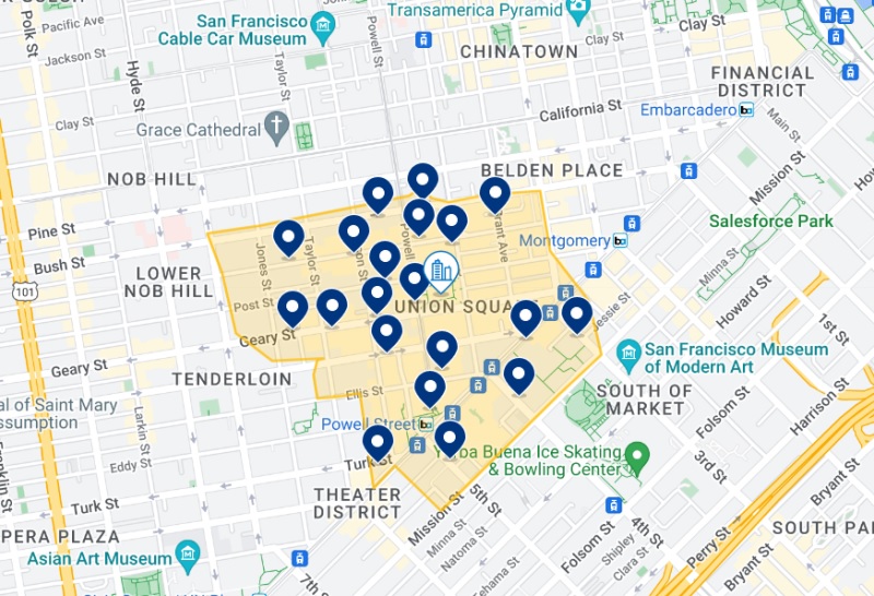 Mapa dos melhores hotéis de Union Square em San Francisco